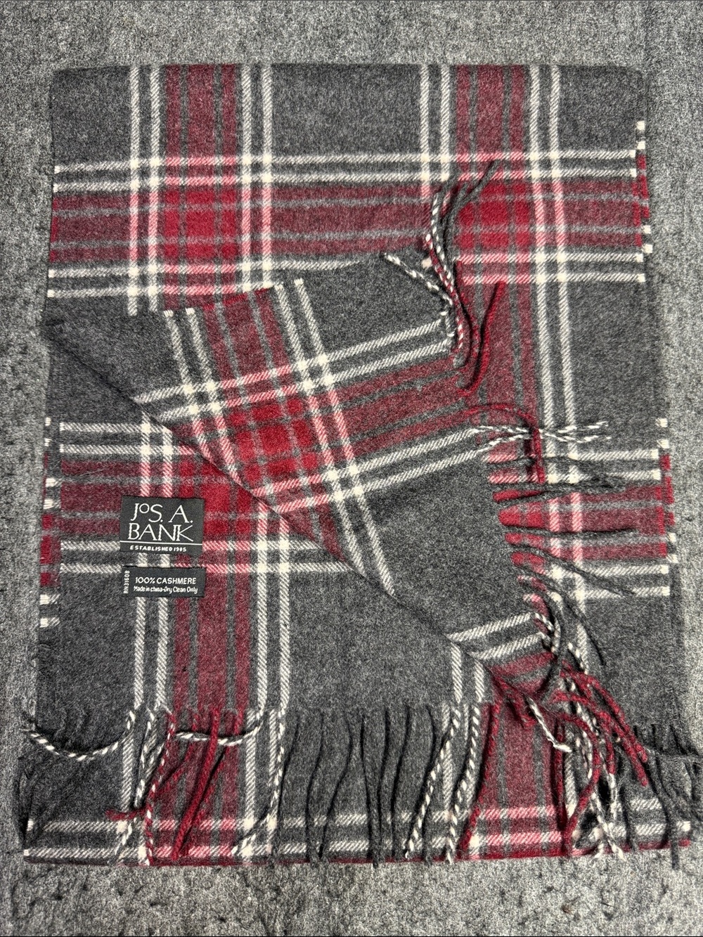 Jos. A. Bank Gray, Red & Cream Plaid Cashmere Scarf